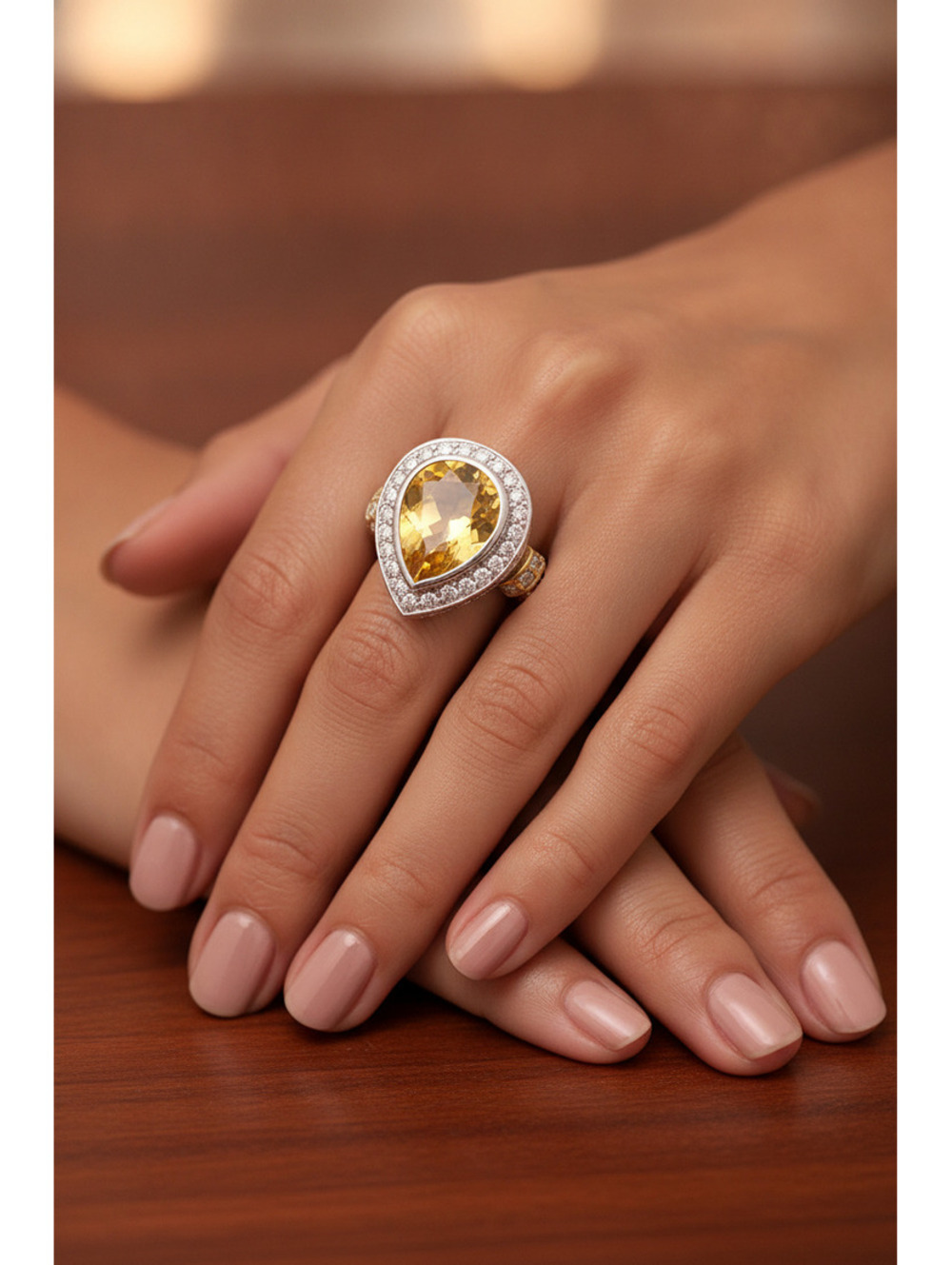 Philip Andre 18k Gold Sterling Silver Diamond & P/S Citrine designer ring size 7